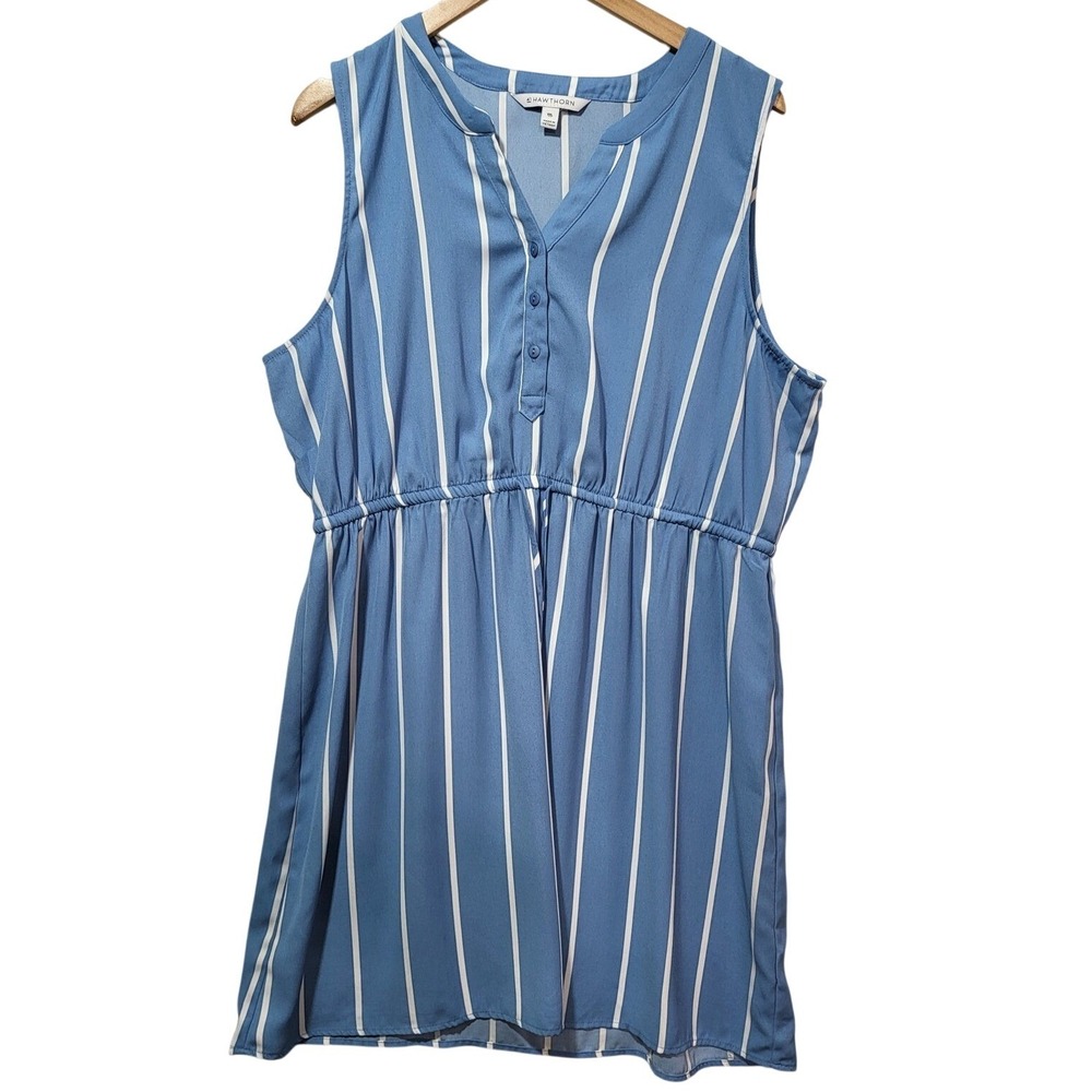 41 Hawthorn Blue White Striped‎ Sleeveless V-Neck Elastic Waist Dress XXL